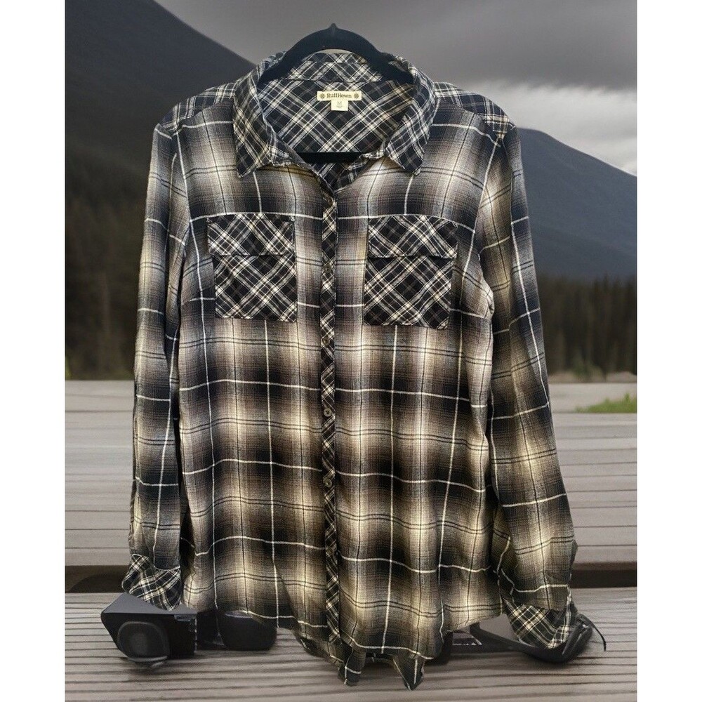 Ruff Hewn Womens Size Medium Plaid Cotten Flannel Shirt L.S. Button Up Black